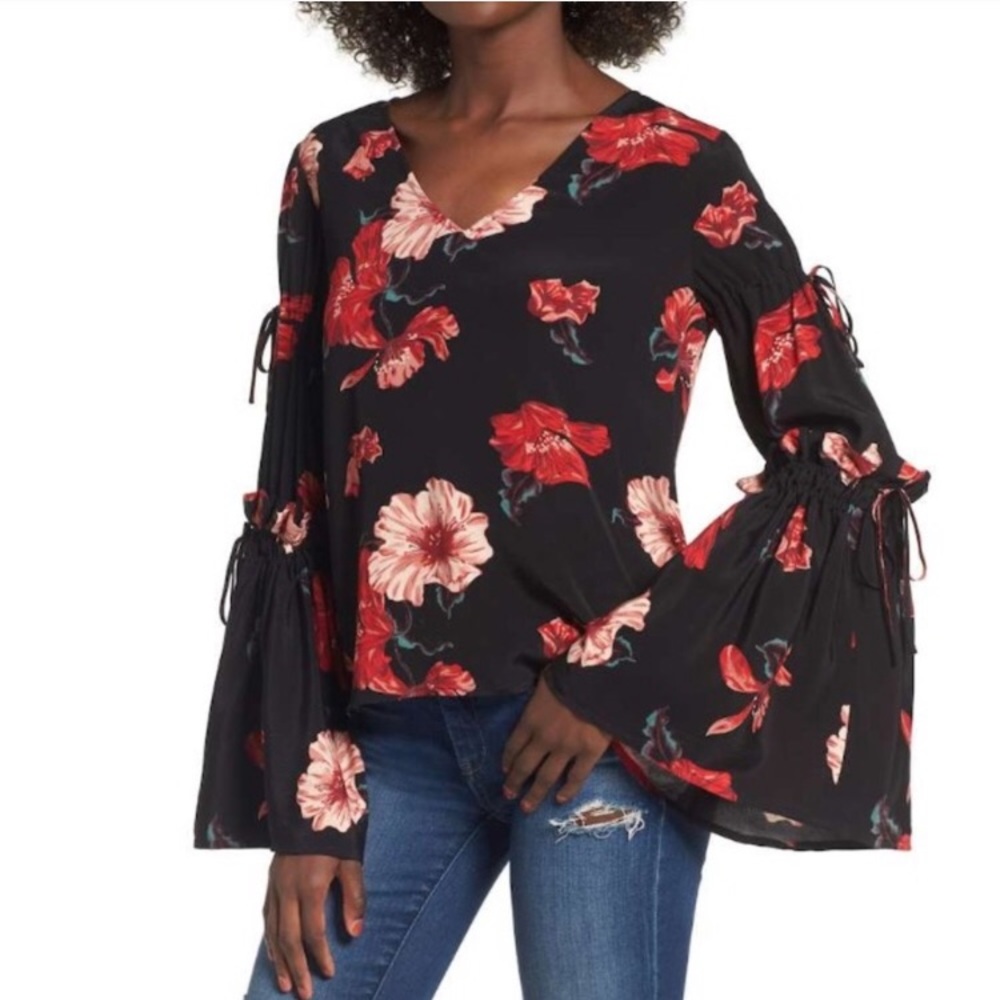 Leith Floral Tie Bell Sleeve Top NWT